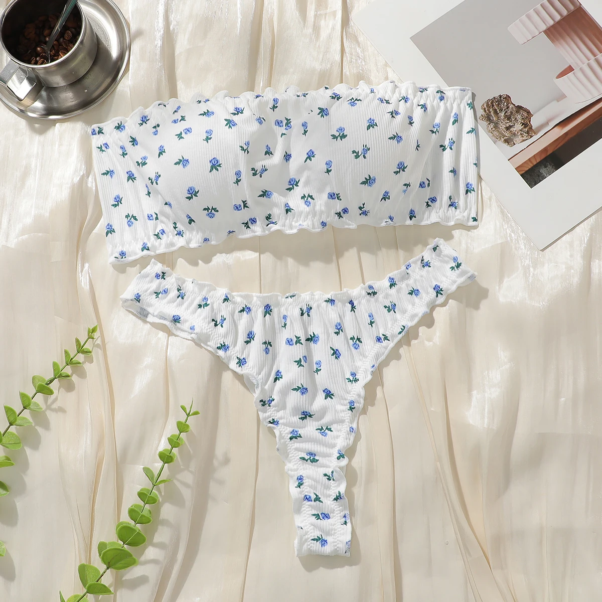 Sexy strapless floral print set seaside vacation style bra set no steel ring party underwear whtie Lingerie MR3496 - Image 7