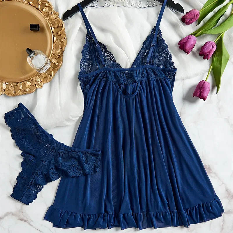 Tulle Suspenders Exquisite Women's Lencerias Lace V-Neck Underwear Semi-transparent Thong Dress Set Females Lingerie Nightgowns - Image 13