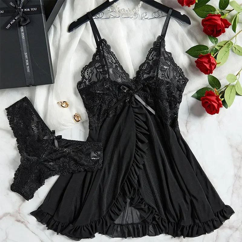 Tulle Suspenders Exquisite Women's Lencerias Lace V-Neck Underwear Semi-transparent Thong Dress Set Females Lingerie Nightgowns - Image 19