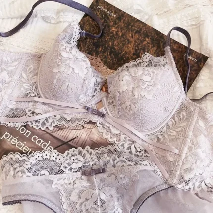 2 Pieces Summer Thin Cup Bra Sexy Lace Hollow Underwear Set for Women French  Embroidery Lingerie Push Up Brassiere Panties Set