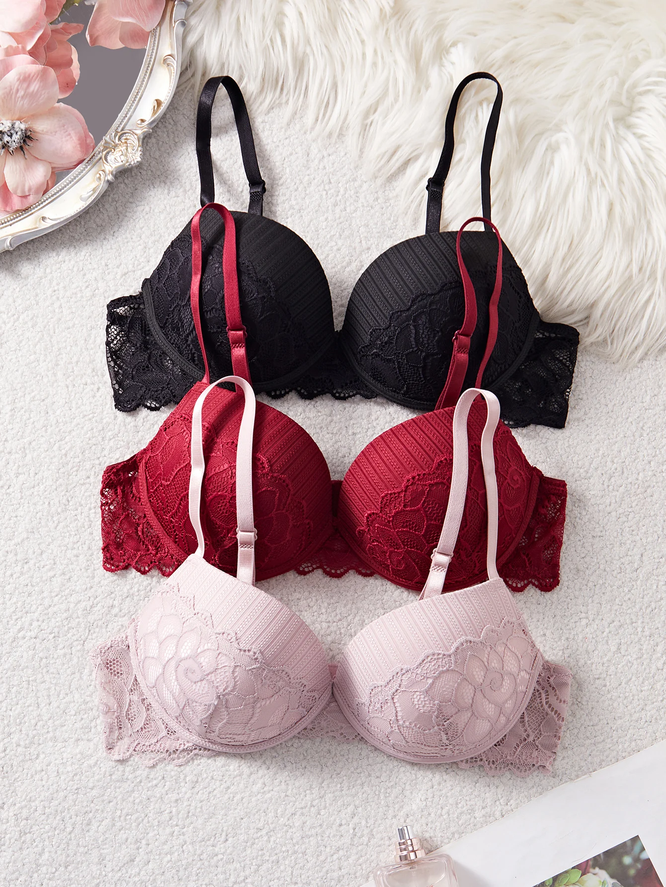 3Pcs-5Pcs Women's Bra with Patterned Engraved Cups, Sexy Lace Minimizer Bra, Underwire Push-Up Fashionable Women's Intimate Underwear - Image 17