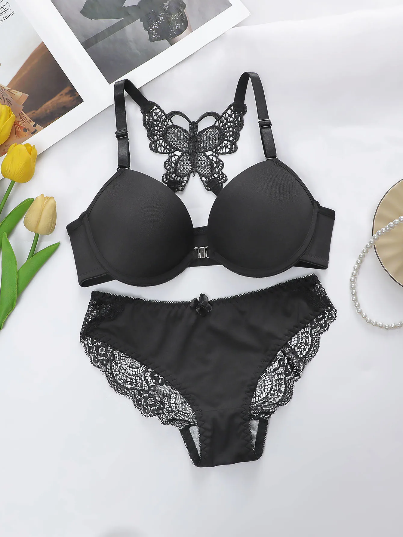 Viomisha Women's Sexy Lace Lingerie Set with Butterfly Back Design Front Closure Push Up Bra Underwear Panty Set S-XL - Image 8