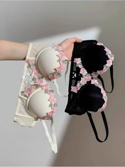 YUQI Japanese Kawaii Bralette Set for Small Bust, Summer Wireless Lingerie Ultra-Thin Pure & Sensual Snug Fit Bra No Steel Rings