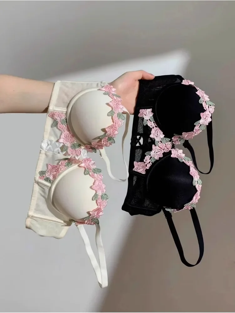 YUQI Japanese Kawaii Bralette Set for Small Bust, Summer Wireless Lingerie Ultra-Thin Pure & Sensual Snug Fit Bra No Steel Rings