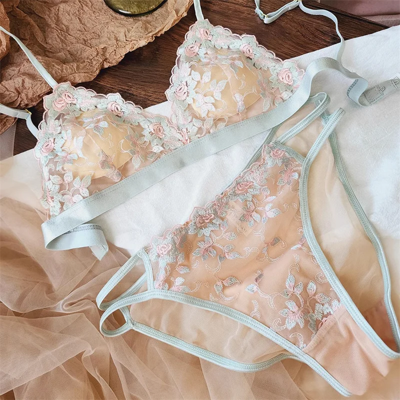 Sexy Triangle Cup Bra Set Women Lace Flowers Embroidery Underwear French Ultra Thin Push Up Brassiere Summer Hollow Panties Set - Image 8
