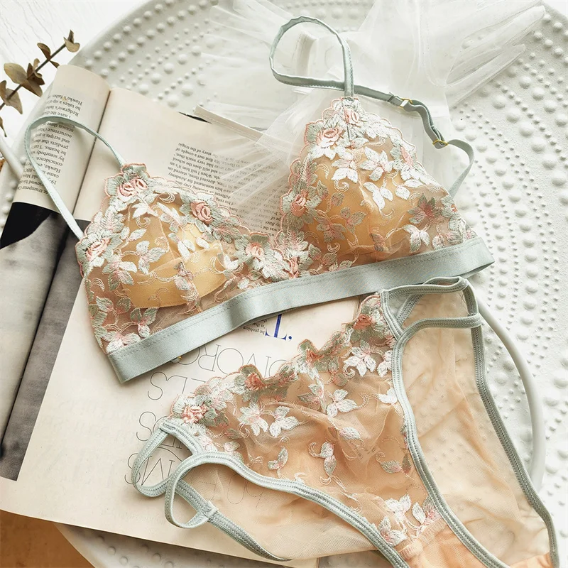 Sexy Triangle Cup Bra Set Women Lace Flowers Embroidery Underwear French Ultra Thin Push Up Brassiere Summer Hollow Panties Set - Image 14