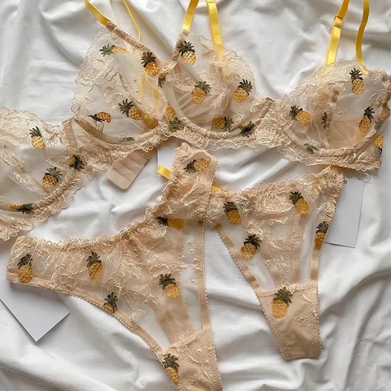 Girls Summer Underwear Tropical Fruit Pineapple Cherry Bra Delicate Embroidery Women's Set Lingerie Panty