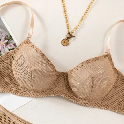 Krasapt Khaki Hollow Out Sexy Lingerie 2Pcs Sets Fancy Mesh See Through Bras And Panties Set Casual Beach Holiday Bilizna Set