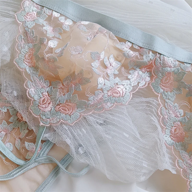Sexy Triangle Cup Bra Set Women Lace Flowers Embroidery Underwear French Ultra Thin Push Up Brassiere Summer Hollow Panties Set - Image 13