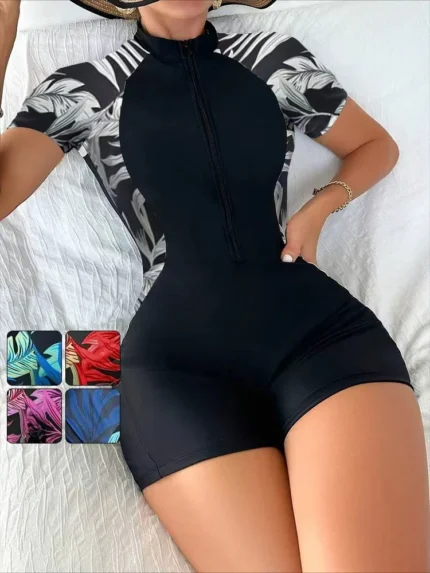 One Piece Floral Swimwear Swim Suit Women Short Sleeve Swimsuit Zip Front Tropical Plant Surfing Sun Protection（No built-in bra