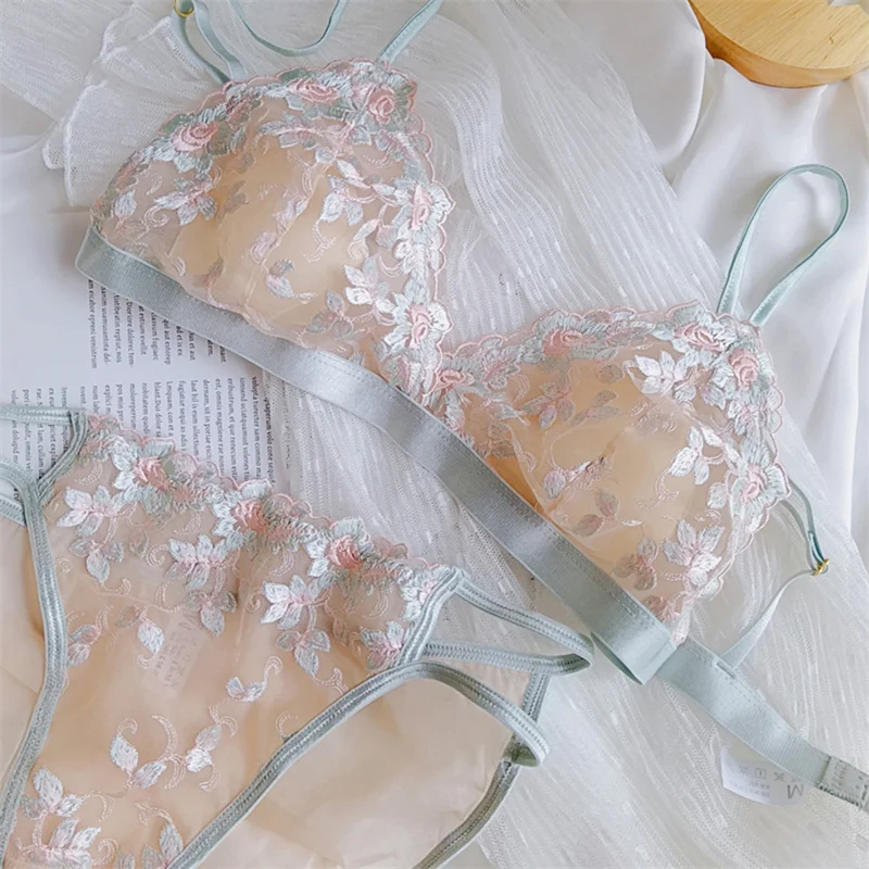 Sexy Triangle Cup Bra Set Women Lace Flowers Embroidery Underwear French Ultra Thin Push Up Brassiere Summer Hollow Panties Set - Image 11