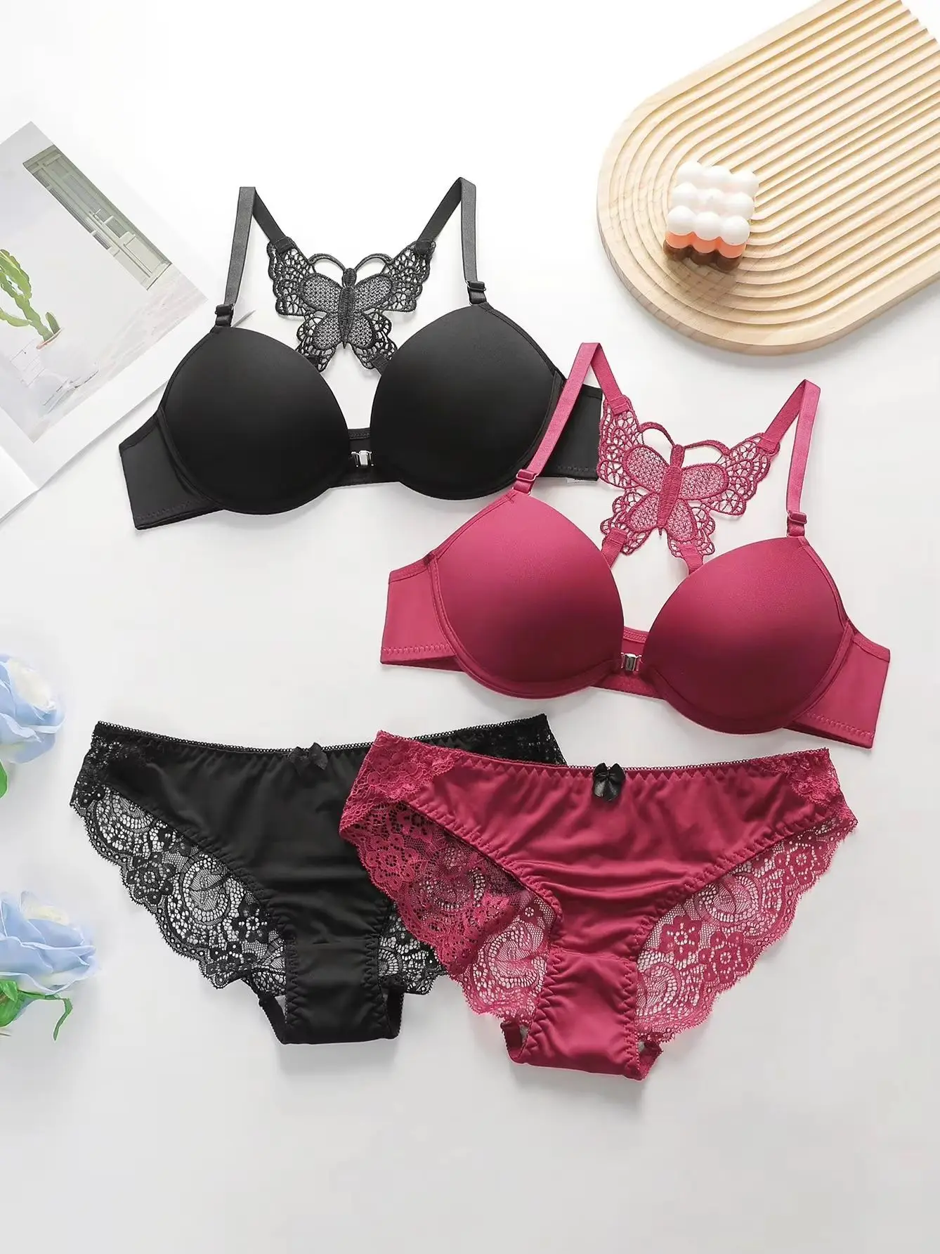 Viomisha Women's Sexy Lace Lingerie Set with Butterfly Back Design Front Closure Push Up Bra Underwear Panty Set S-XL