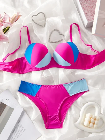 Single-Piece Color-Blocked Sexy Beach Swimwear Set with Underwire Push-Up Bra and Panties, Comfortable Shell Cup Design Lingerie, Stretchy Breathable Panties