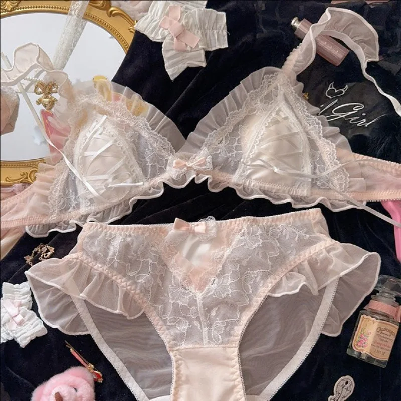 Japanese lace triangle cup sweet bra set thin no underwire underwear woman