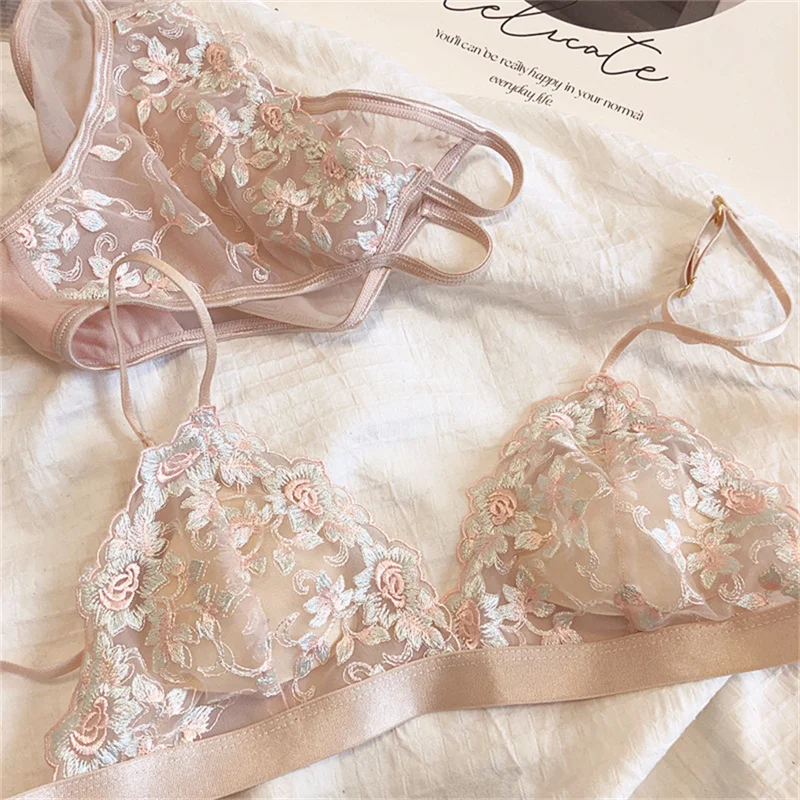 Sexy Triangle Cup Bra Set Women Lace Flowers Embroidery Underwear French Ultra Thin Push Up Brassiere Summer Hollow Panties Set - Image 24
