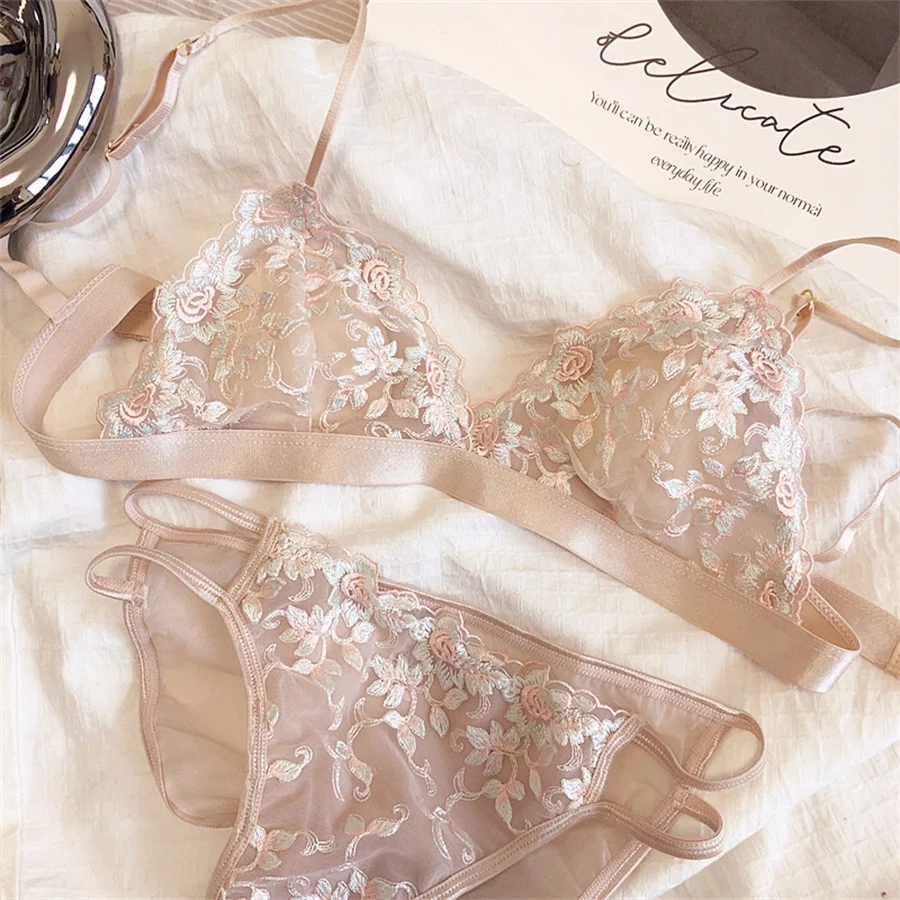 Sexy Triangle Cup Bra Set Women Lace Flowers Embroidery Underwear French Ultra Thin Push Up Brassiere Summer Hollow Panties Set - Image 5