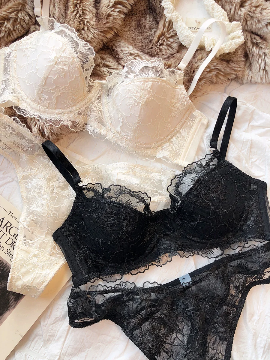 Sexy Lace Flowers Embroidery Bra Set Thin 3/4 Cup Push Up Lingerie For Women Summer Breathable Comfort Brassiere Underwear Sets - Image 4