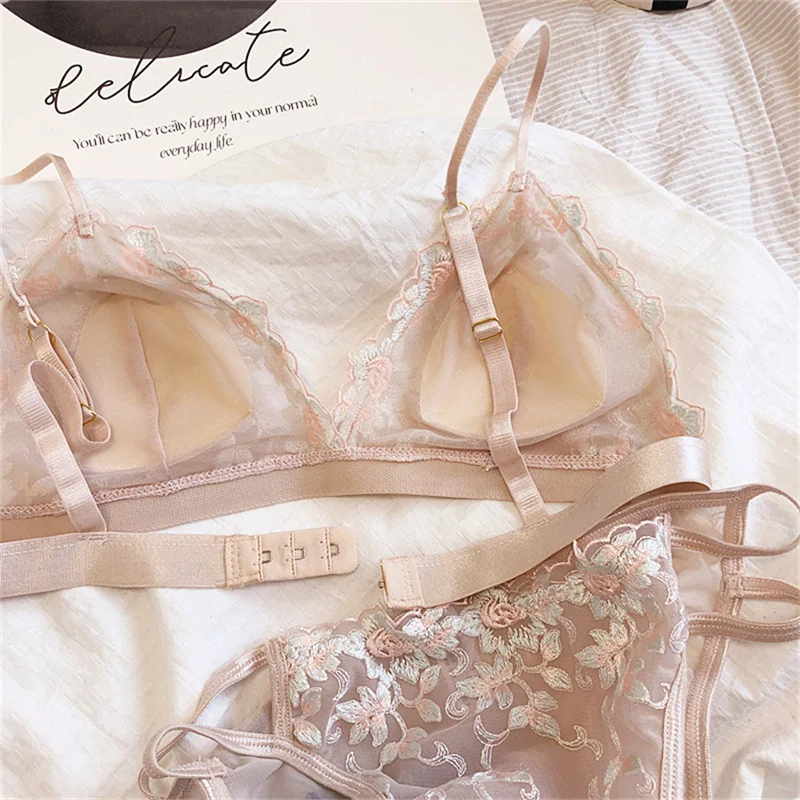 Sexy Triangle Cup Bra Set Women Lace Flowers Embroidery Underwear French Ultra Thin Push Up Brassiere Summer Hollow Panties Set - Image 25