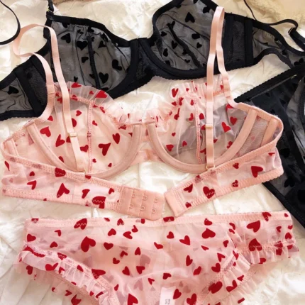2 Pieces Lingerie Set Sexy Ultra Thin Breathable Brassiere for Women Push Up Bra Set Summer Mesh Romantic Peach Heart Intimates