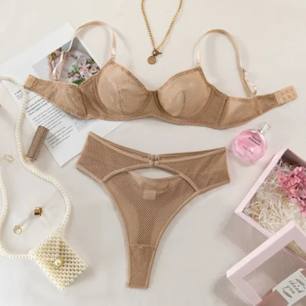 Krasapt Khaki Hollow Out Sexy Lingerie 2Pcs Sets Fancy Mesh See Through Bras And Panties Set Casual Beach Holiday Bilizna Set