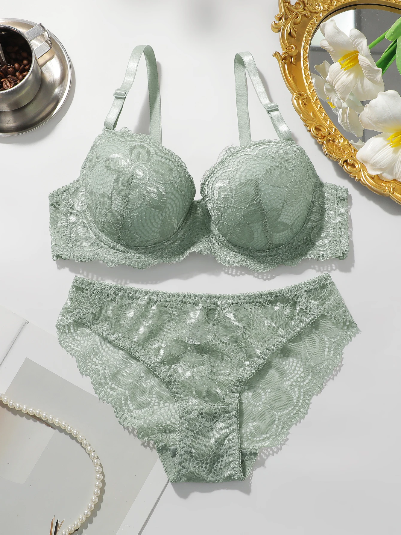 Two Pieces Transparent Floral Bras Panties Set Clothing Sexy Underwire Push Up Lingeries For Women lace bra A2123