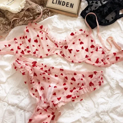 2 Pieces Lingerie Set Sexy Ultra Thin Breathable Brassiere for Women Push Up Bra Set Summer Mesh Romantic Peach Heart Intimates