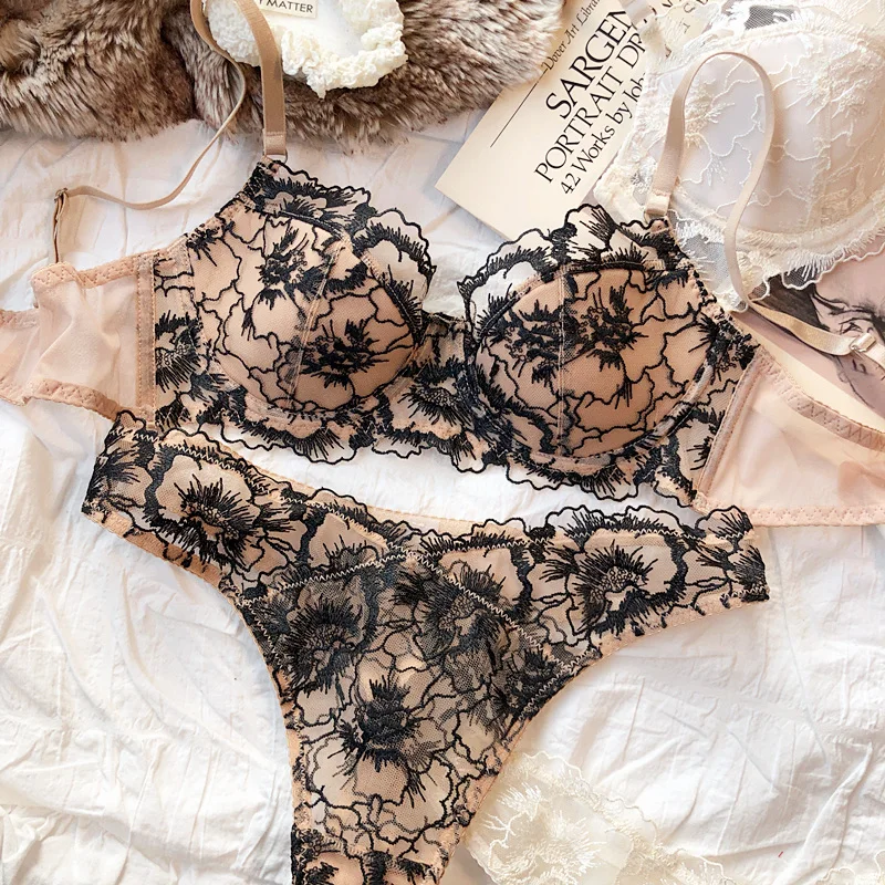 Sexy Lace Flowers Embroidery Bra Set Thin 3/4 Cup Push Up Lingerie For Women Summer Breathable Comfort Brassiere Underwear Sets - Image 14