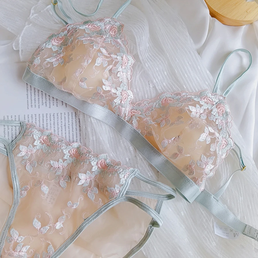 Sexy Triangle Cup Bra Set Women Lace Flowers Embroidery Underwear French Ultra Thin Push Up Brassiere Summer Hollow Panties Set - Image 3