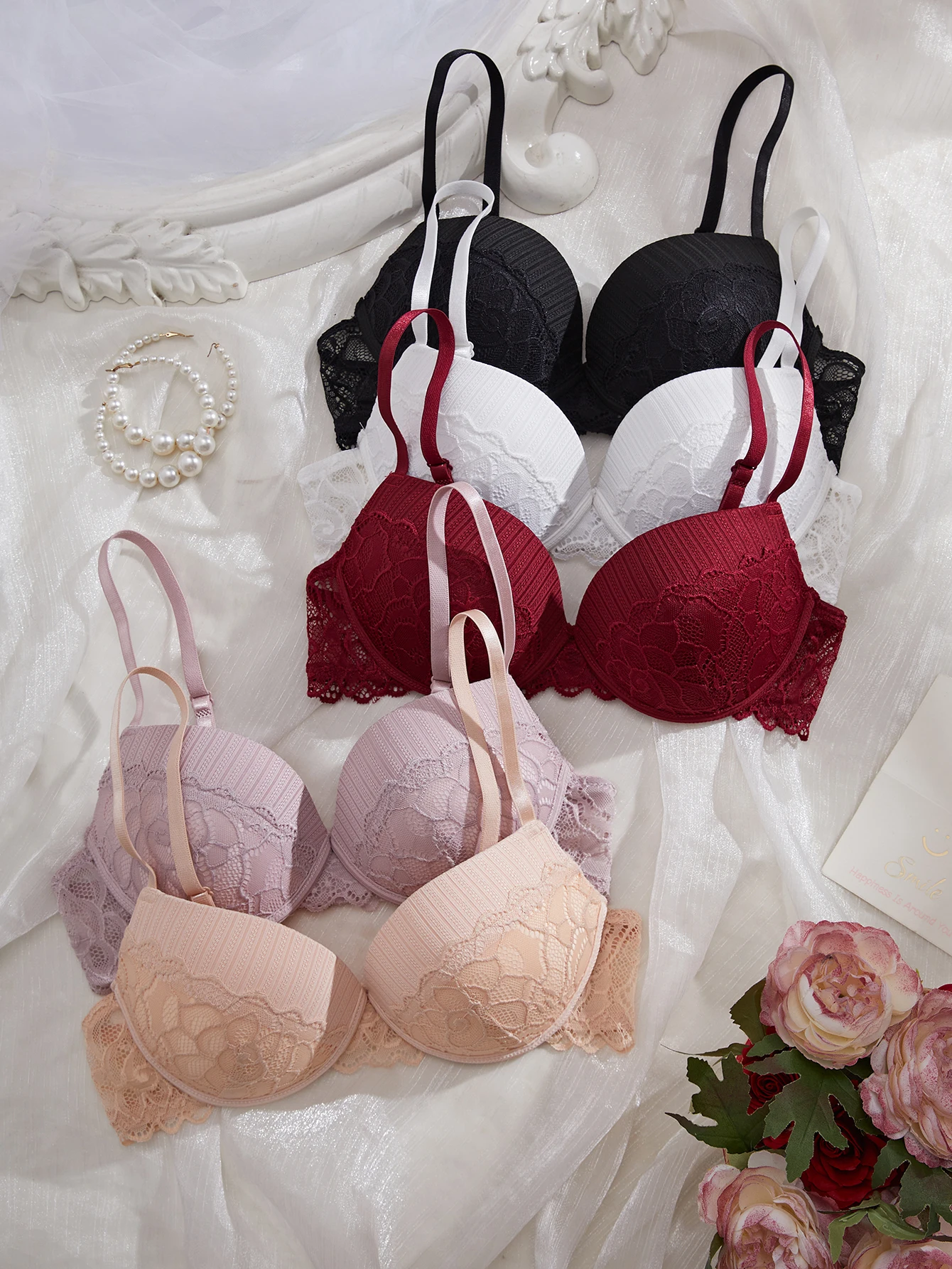3Pcs-5Pcs Women's Bra with Patterned Engraved Cups, Sexy Lace Minimizer Bra, Underwire Push-Up Fashionable Women's Intimate Underwear - Image 20