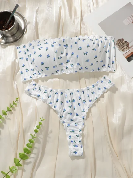Sexy strapless floral print set seaside vacation style bra set no steel ring party underwear whtie Lingerie MR3496