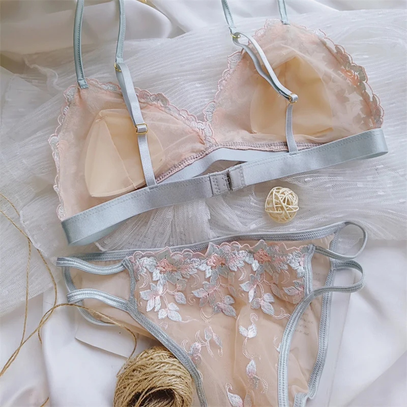 Sexy Triangle Cup Bra Set Women Lace Flowers Embroidery Underwear French Ultra Thin Push Up Brassiere Summer Hollow Panties Set - Image 9